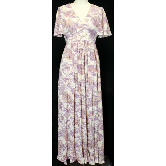 VTG 1970s Womens Maxi Dress Handmade Polyester Purple White Empire Waist - Picture 1 of 7